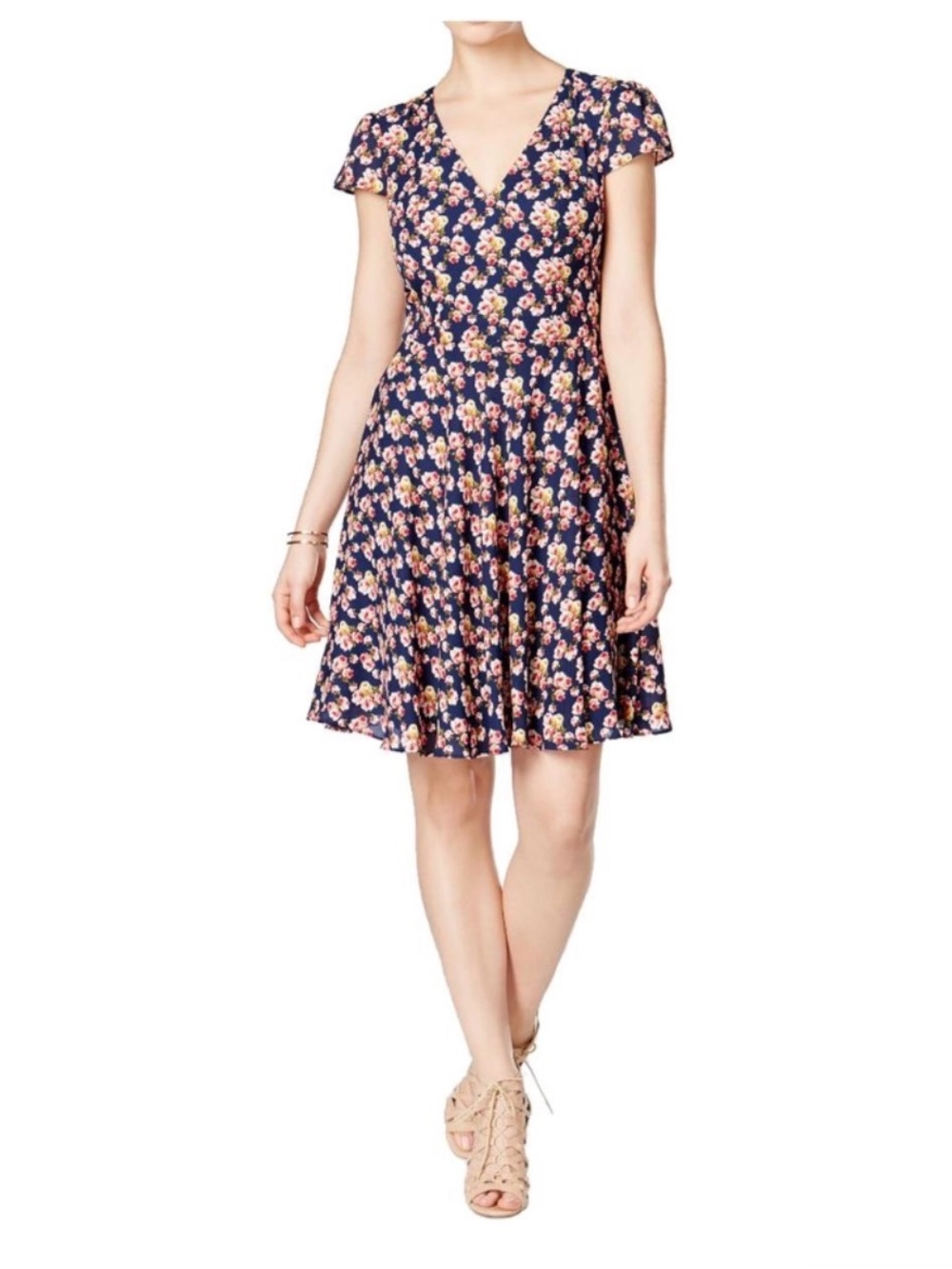 Betsy Johnson Floral V-Neck Fit & Flare Dress - Navy Pink
